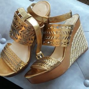 Ralph Lauren gold metallic aztec wedges
